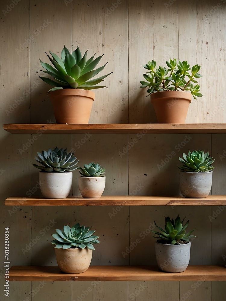 Succulents on wooden shelves with a soft background. Succulents on wooden shelves with a soft background.