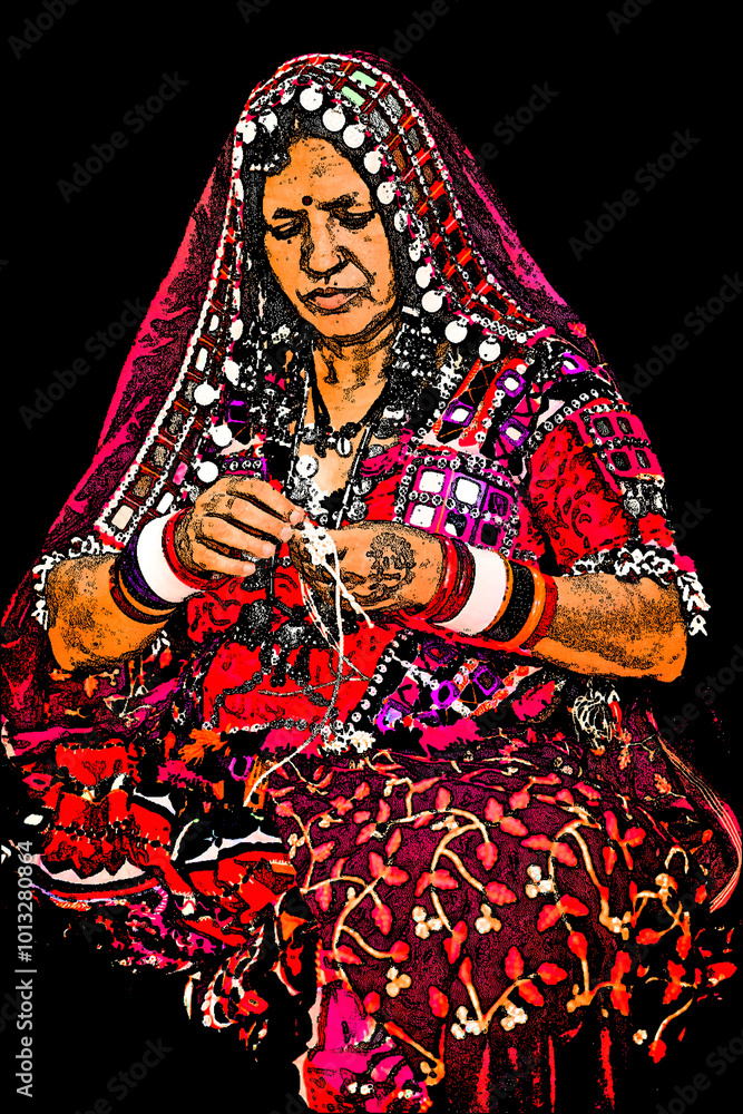 Fototapeta premium Portrait Digital Art - The Lambani tribes doing embroidery, they also called Lambadi, Lambani, Lamani or Banjari is a Western Indo-Aryan language spoken by the Banjara people across India.