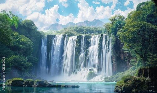 Picturesque thundering waterfall, 4K hyperrealistic photo