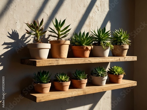 Succulents on wooden shelves in a sunlit space.