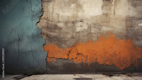 A grunge blue and orange wall texture with cracks, peeling paint, chipped paint and fading colors conveying raw, gritty feeling.