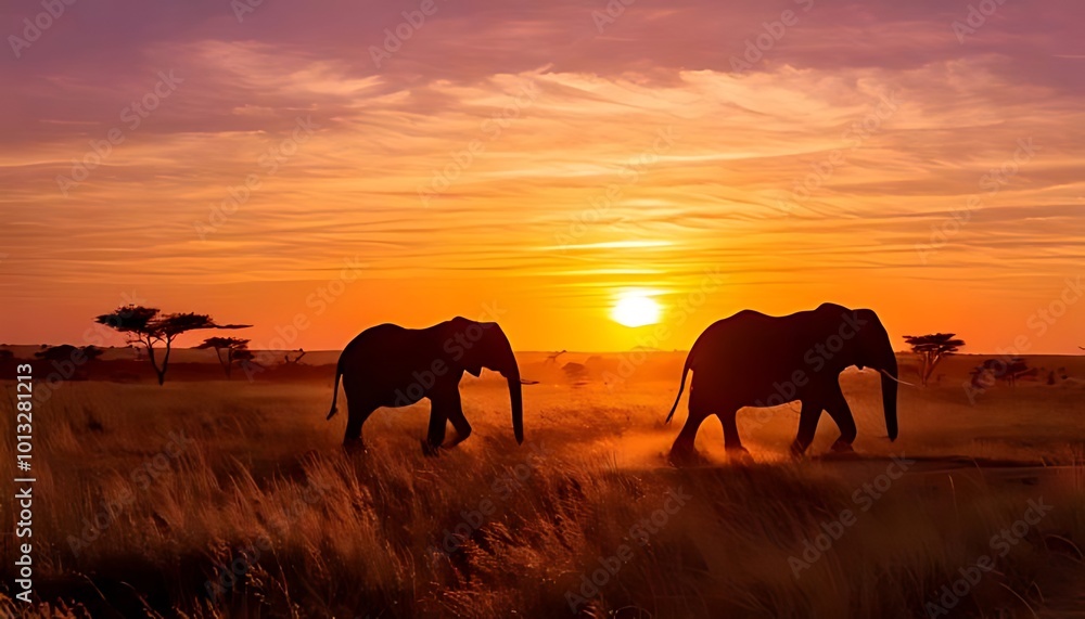 Fototapeta premium Majestic Elephant , a Vibrant Sunset, Capturing the Beauty of Wildlife in Nature's Golden Hour