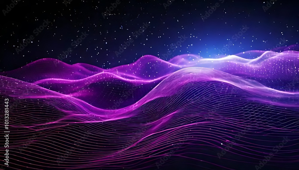 Mesmerizing Purple Digital Waves Flowing Across a Starry Background, Capturing the Essence of Cosmic Motion and Modern Technology Mesmerizing Purple Digital Waves Flowing Across a Starry Background, Capturing the Essence of Cosmic Motion and Modern Technology