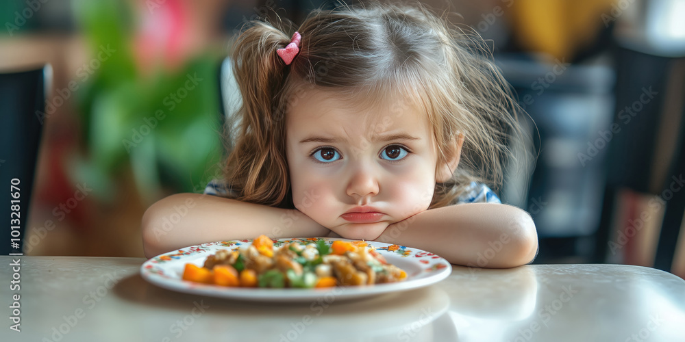 Sad little girl sitting in front of a dish and refusing to eat. Avoidant restrictive food intake disorder (ARFID), food sensory issues or picky eating concept. Sad little girl sitting in front of a dish and refusing to eat. Avoidant restrictive food intake disorder (ARFID), food sensory issues or picky eating concept.
