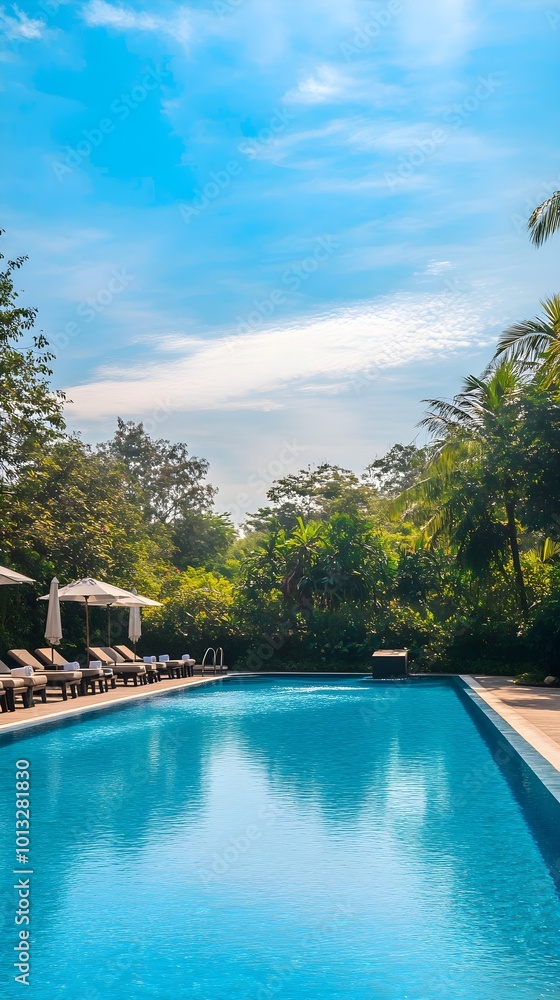 Obraz premium An outdoor swimming pool at a resort hotel, surrounded by sun loungers and lush greenery, with a calm blue sky above, perfect for relaxation