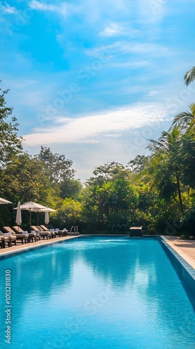 An outdoor swimming pool at a resort hotel, surrounded by sun loungers and lush greenery, with a calm blue sky above, perfect for relaxation