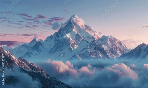 Magical snow-capped mountains at dawn, 4K hyperrealistic photo