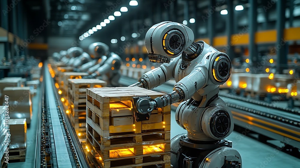 Close-up of automated robots lifting and moving heavy pallets in a warehouse, rows of goods and conveyor belts in the background, industrial lighting highlighting the futuristic technology, Close-up of automated robots lifting and moving heavy pallets in a warehouse, rows of goods and conveyor belts in the background, industrial lighting highlighting the futuristic technology,