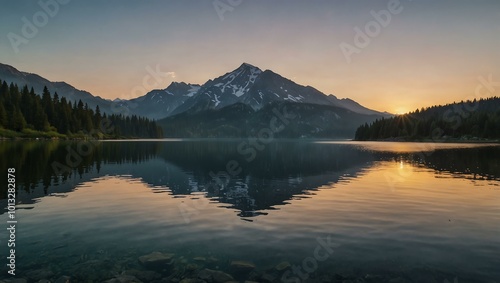 Sunrise over a crystal-clear mountain lake.