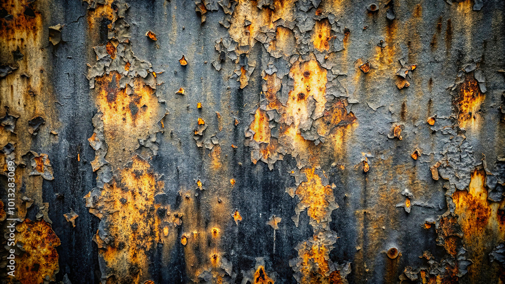 Close-up of a rusty metal surface with peeling paint. AI, Generation, Illustration. Close-up of a rusty metal surface with peeling paint. AI, Generation, Illustration.