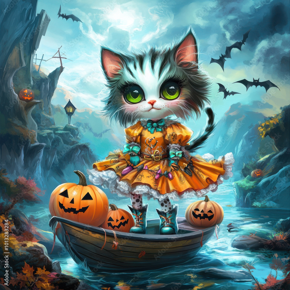 cute cat in Halloween dress stands on boat surrounded by pumpkins and bats cute cat in Halloween dress stands on boat surrounded by pumpkins and bats