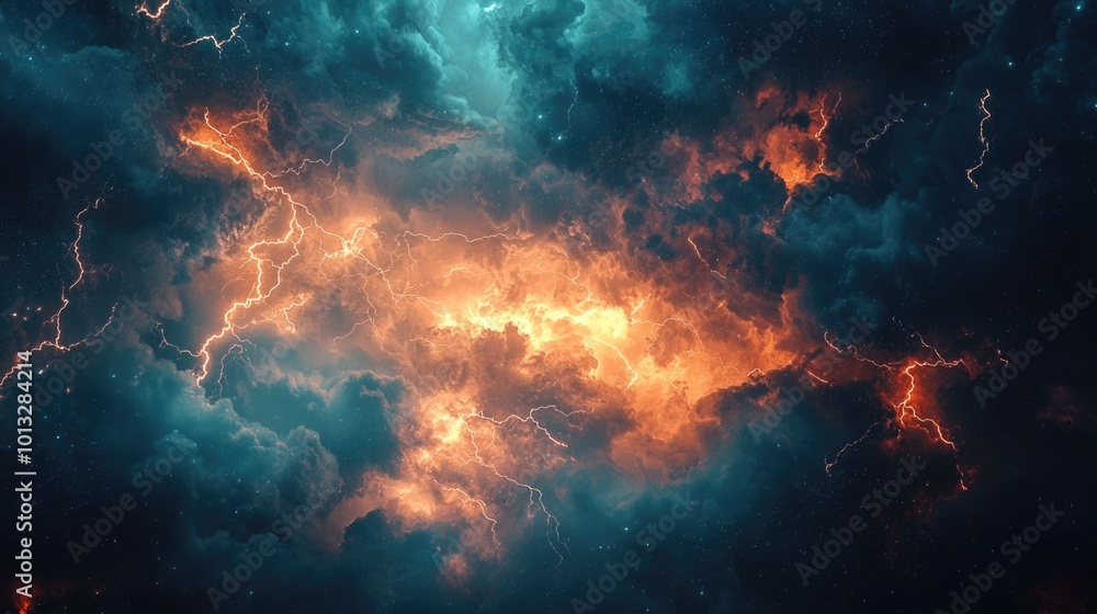 Dramatic cosmic storm with vibrant lightning and clouds Dramatic cosmic storm with vibrant lightning and clouds
