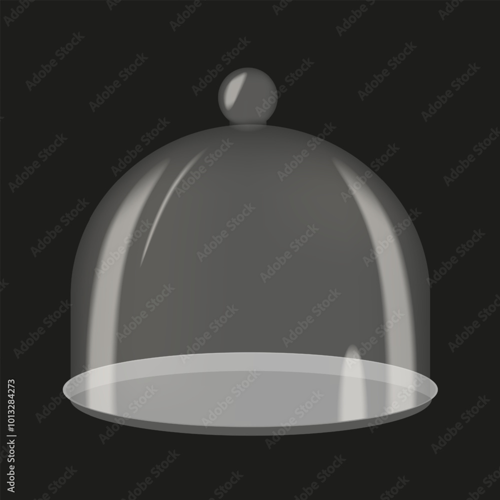 Vector glass transparent cloche on a plate. Realistic transparent cover with a handle in a front view. Vector illustration isolated transparent background. Vector glass transparent cloche on a plate. Realistic transparent cover with a handle in a front view. Vector illustration isolated transparent background.