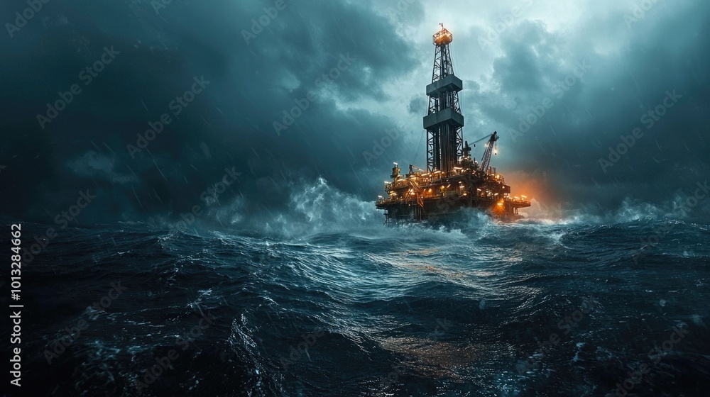 Offshore oil rig amidst stormy seas at dusk Offshore oil rig amidst stormy seas at dusk