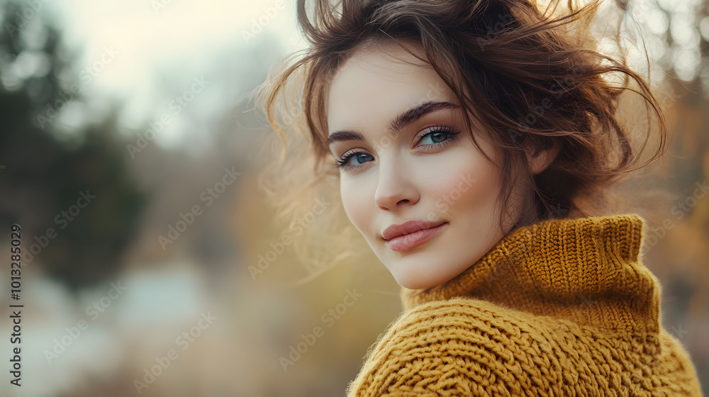woman in yellow sweater smiles warmly outdoors, surrounded by natures beauty woman in yellow sweater smiles warmly outdoors, surrounded by natures beauty