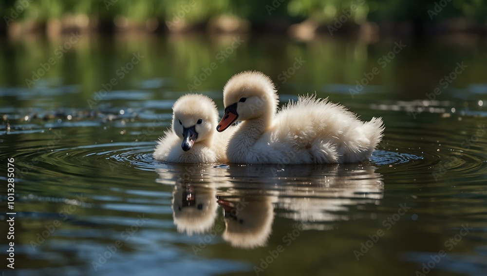 Swan chicks in a pond. Swan chicks in a pond.