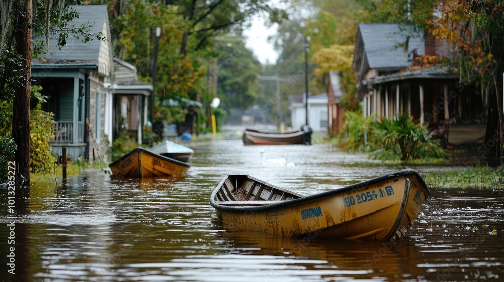 Fototapeta premium Flooded neighborhood with boats navigating the streets