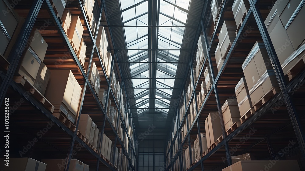 Obraz premium Warehouse storage interior with shelves and glass roof