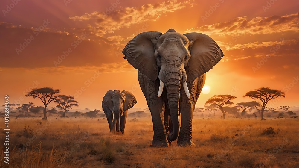 Obraz premium Majestic Elephant , a Vibrant Sunset, Capturing the Beauty of Wildlife in Nature's Golden Hour
