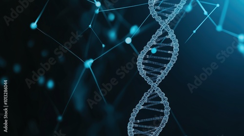 A DNA hologram on a dark background symbolizes science, medicine, and biotechnology. Digital DNA strands forming abstract patterns and structures.