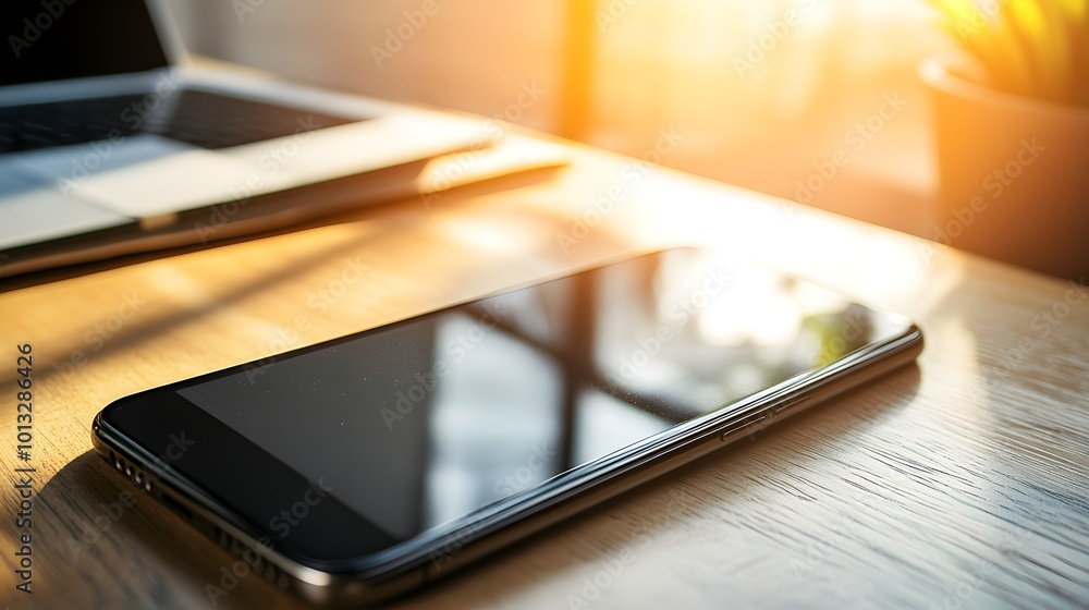 A close-up shot of a sleek smartphone resting on a wooden desk, with soft natural light illuminating the device and highlighting its design features, creating a minimalist and modern atmosphere A close-up shot of a sleek smartphone resting on a wooden desk, with soft natural light illuminating the device and highlighting its design features, creating a minimalist and modern atmosphere