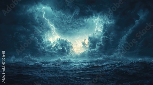 Dramatic stormy ocean with lightning and dark clouds