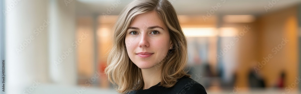 Young woman with light hair stands confidently in modern office setting Young woman with light hair stands confidently in modern office setting