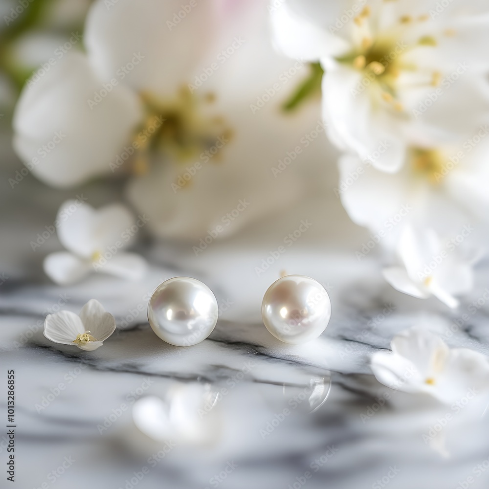 A shiny pair of pearl earrings resting on a marble surface, surrounded by delicate flower petals, with a blurred background for added depth and copy space A shiny pair of pearl earrings resting on a marble surface, surrounded by delicate flower petals, with a blurred background for added depth and copy space