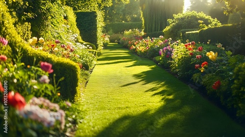 Fototapeta Naklejka Na Ścianę i Meble -  Lush green garden with colorful flower beds and neatly trimmed hedges, sunlight casting soft shadows across the pathway