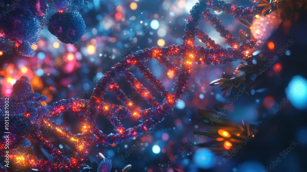 3D rendering of DNA structure with medical cells, symbolizing science and education in the field of genetics and biotechnology research.