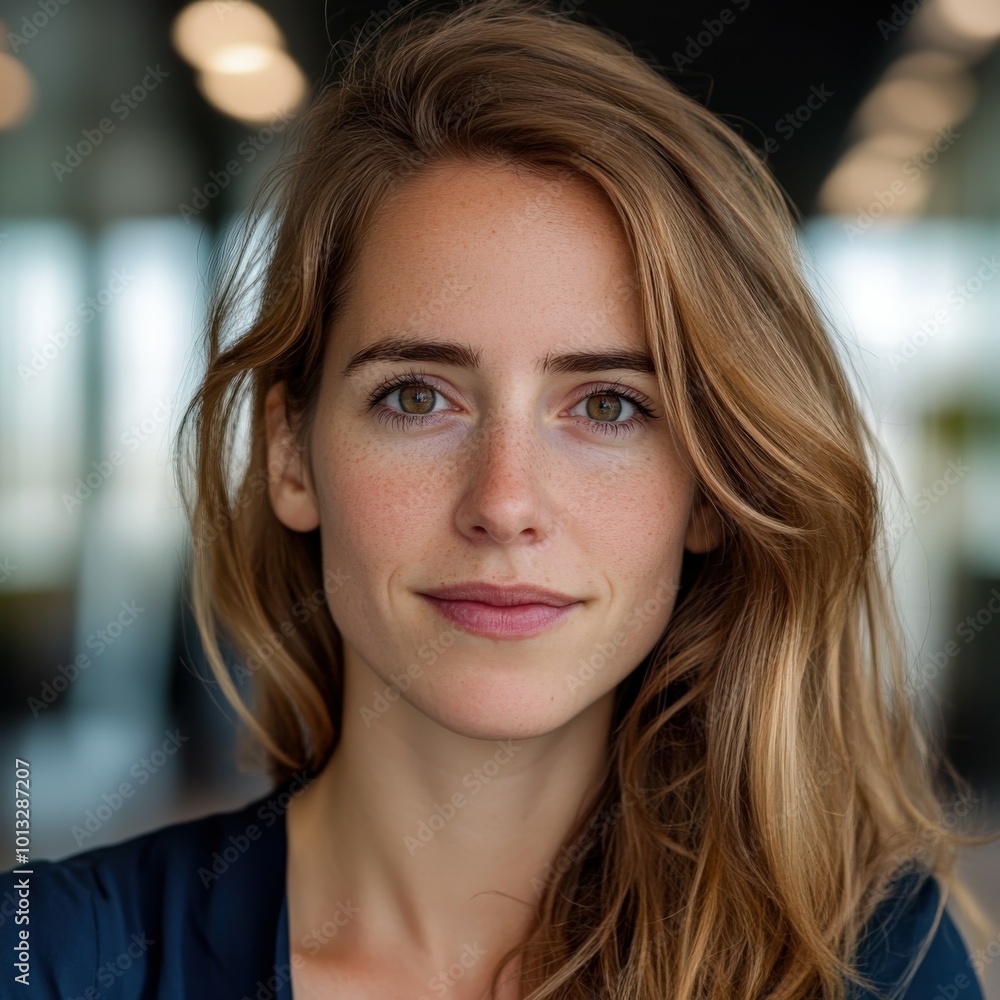 Confident young woman with long hair poses indoors in a modern office Confident young woman with long hair poses indoors in a modern office
