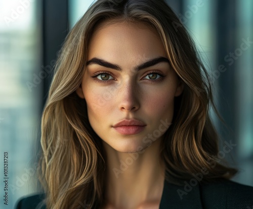 Portrait of a young woman with beautiful features against an urban backdrop