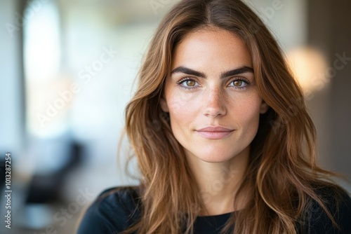 Portrait of a woman with long brown hair in a bright, modern interior