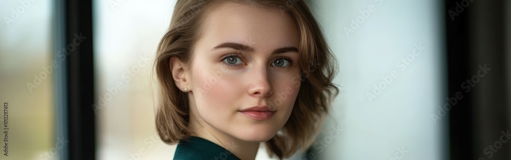 Young woman with short hair looking thoughtfully by a window indoors Young woman with short hair looking thoughtfully by a window indoors