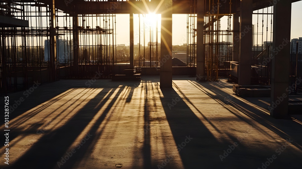 An empty construction site at sunset, featuring shadows cast by scaffolding and heavy machinery, conveying a moment of tranquility amidst the hustle of building life An empty construction site at sunset, featuring shadows cast by scaffolding and heavy machinery, conveying a moment of tranquility amidst the hustle of building life