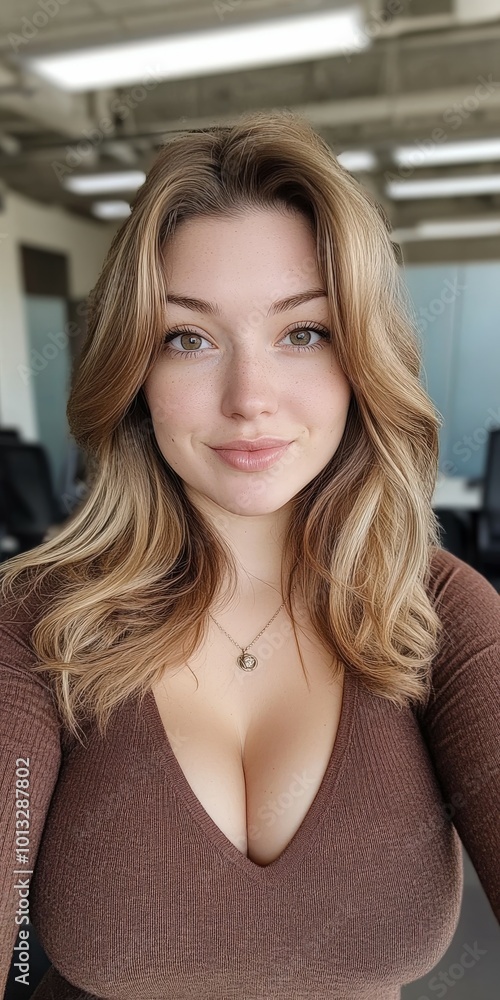 Young woman with long hair smiles in modern office setting Young woman with long hair smiles in modern office setting