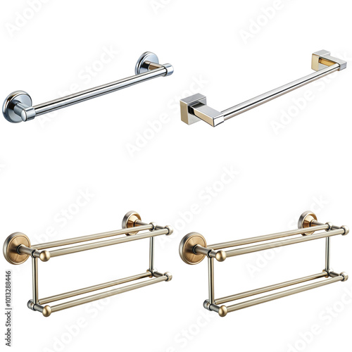 Towel bars in brushed nickel finish isolated on transparent background bundle set