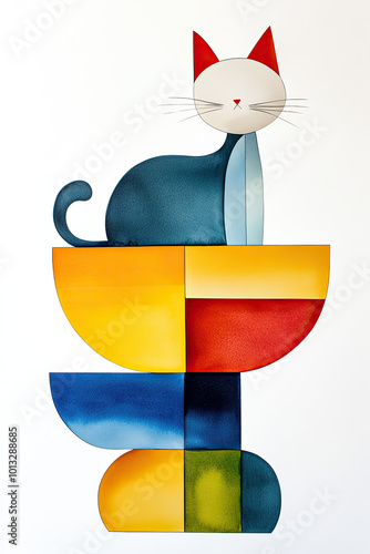 Abstrakter Katze sitzt auf geometrischen Formen – Farbenfrohe Aquarellkunst für das Kinderzimmer photo