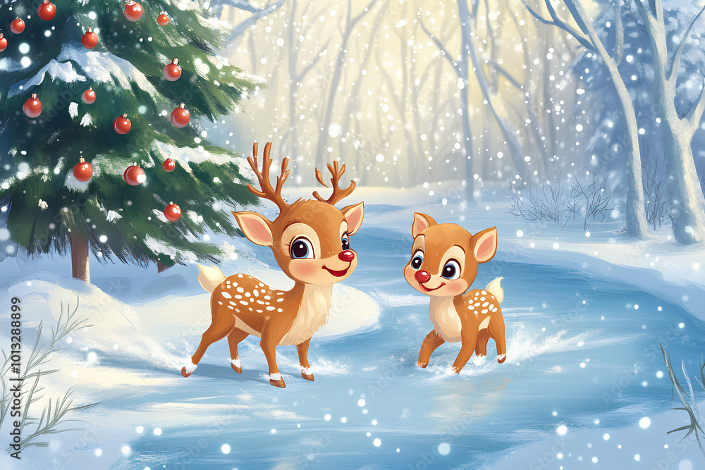 Cute baby animal sliding on frozen river illustration. have fun in winter. Little reindeer having fun on the ice rink. Winter holiday background with festive Christmas tree