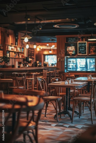 Cozy ambiance in an empty restaurant with warm lighting and wooden decor