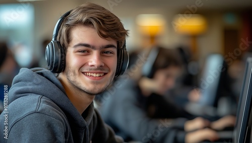 A young man in a gray hoodie smiles while wearing headphones in a classroom. photo