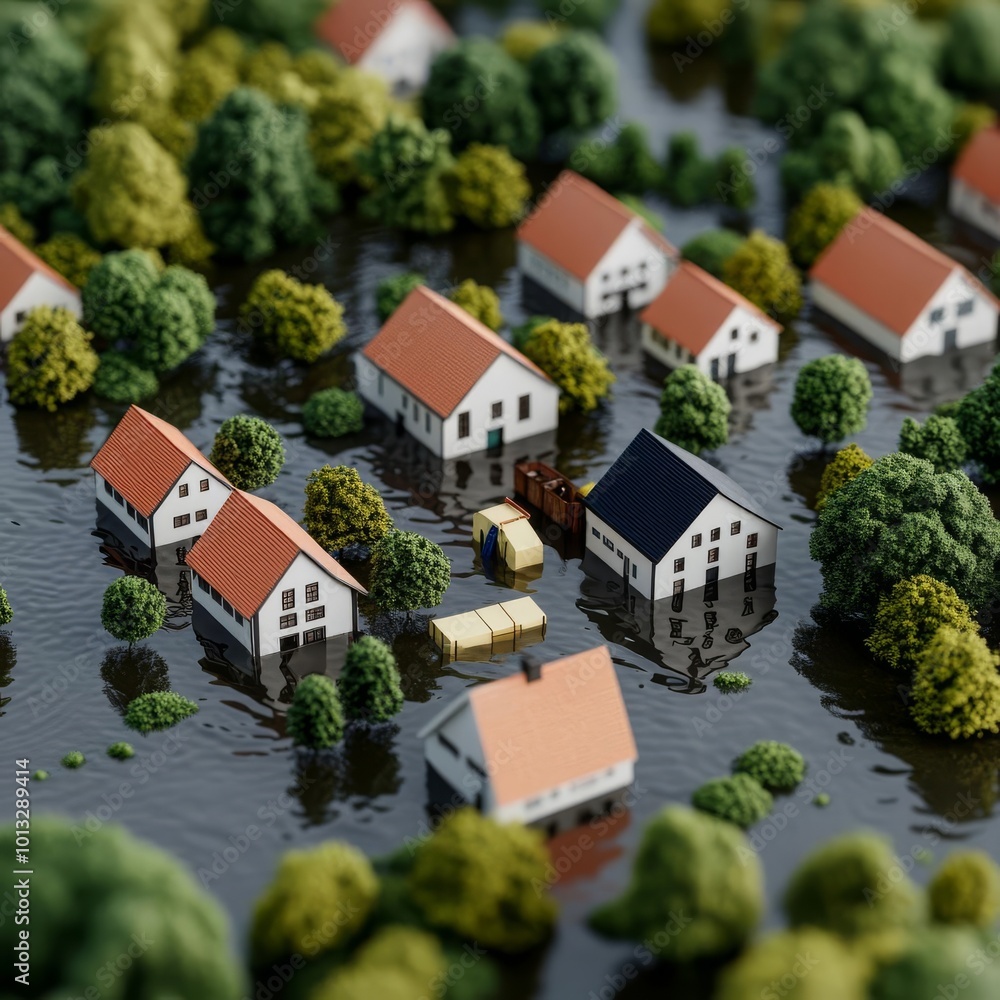 Rural village flooded, locals waiting for aid, 3D illustration Rural village flooded, locals waiting for aid, 3D illustration