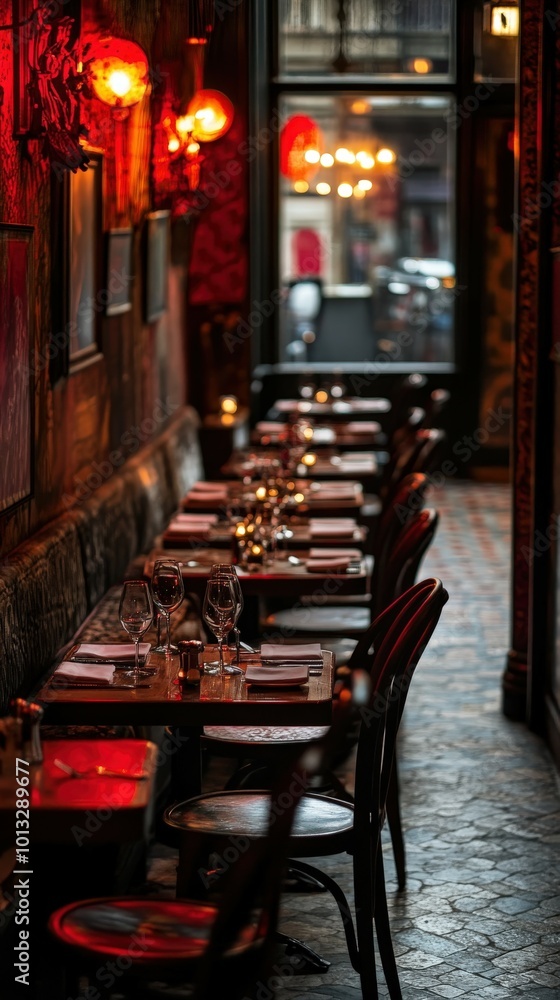 Cozy, empty restaurant with dim lighting and elegant table settings at dusk Cozy, empty restaurant with dim lighting and elegant table settings at dusk