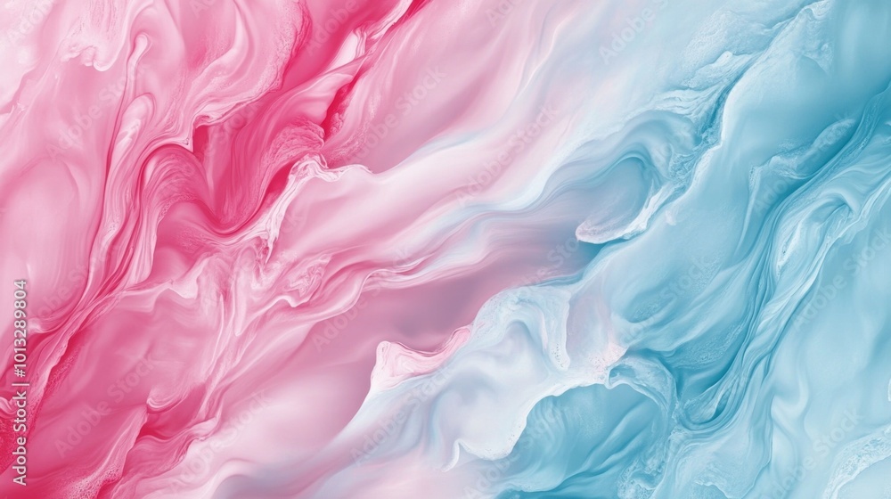 Fototapeta premium Abstract wallpaper featuring liquid paint swirls of pink and blue, creating a modern and fluid art aesthetic for interior design and posters