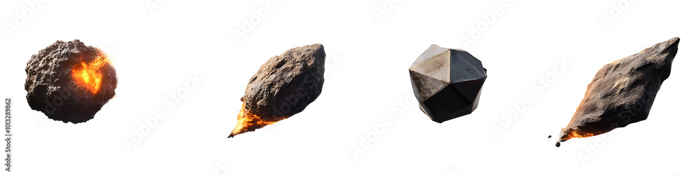 Fototapeta premium Set of various realistic large comet meteorites burns isolated on transparent background.