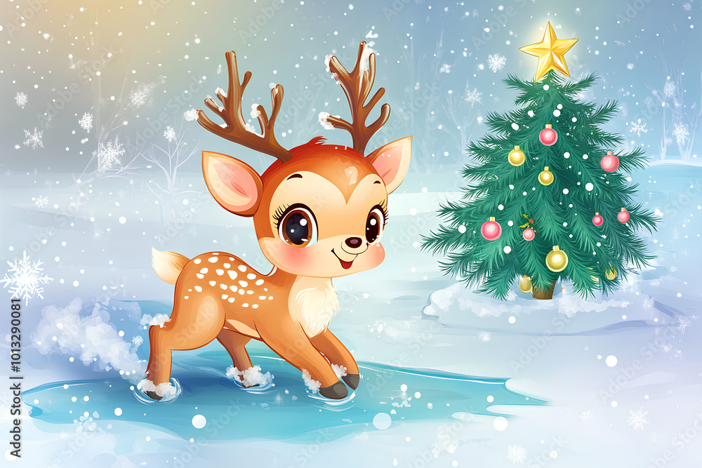 Cute baby animal sliding on frozen river illustration. have fun in winter. Little reindeer having fun on the ice rink. Winter holiday background with festive Christmas tree Cute baby animal sliding on frozen river illustration. have fun in winter. Little reindeer having fun on the ice rink. Winter holiday background with festive Christmas tree