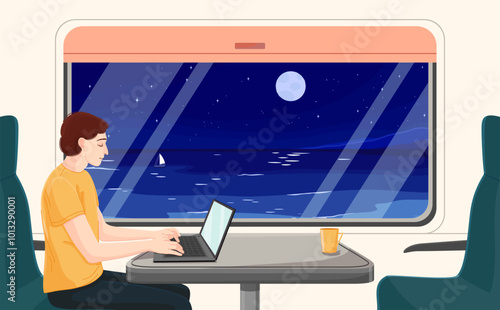 A man on a night train works on a laptop. Vector colorful illustration in cartoon style. View from the window to the sea.