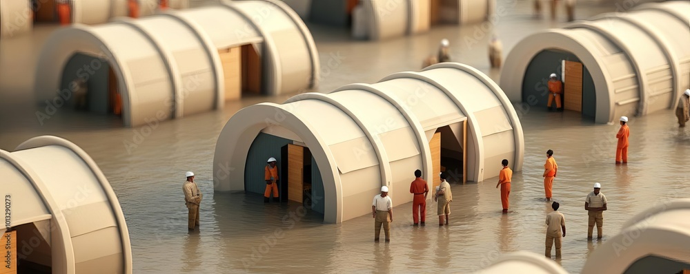 Survivors in makeshift shelters, flood relief center, 3D illustration Survivors in makeshift shelters, flood relief center, 3D illustration