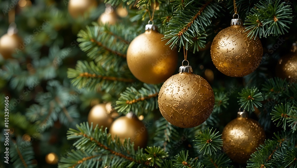 Fototapeta premium Shimmering golden ornaments on a lush evergreen tree.