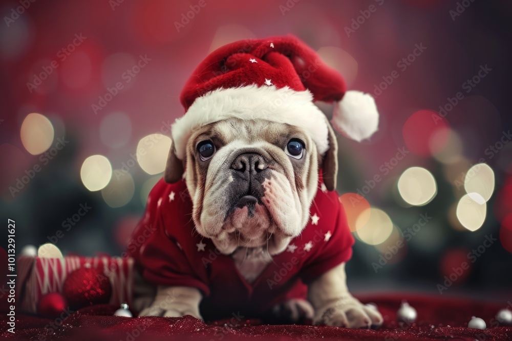 Bulldog puppy wearing a Santa hat and red outfit with white stars. Festive bokeh lights and Christmas decorations in the background. Holiday dog portrait. Christmas celebration. Generative AI Bulldog puppy wearing a Santa hat and red outfit with white stars. Festive bokeh lights and Christmas decorations in the background. Holiday dog portrait. Christmas celebration. Generative AI